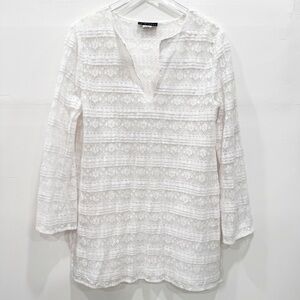 La Blanca Pleated Lace Crochet V-Neck Swim Beach Cover Up Tunic Dress Large